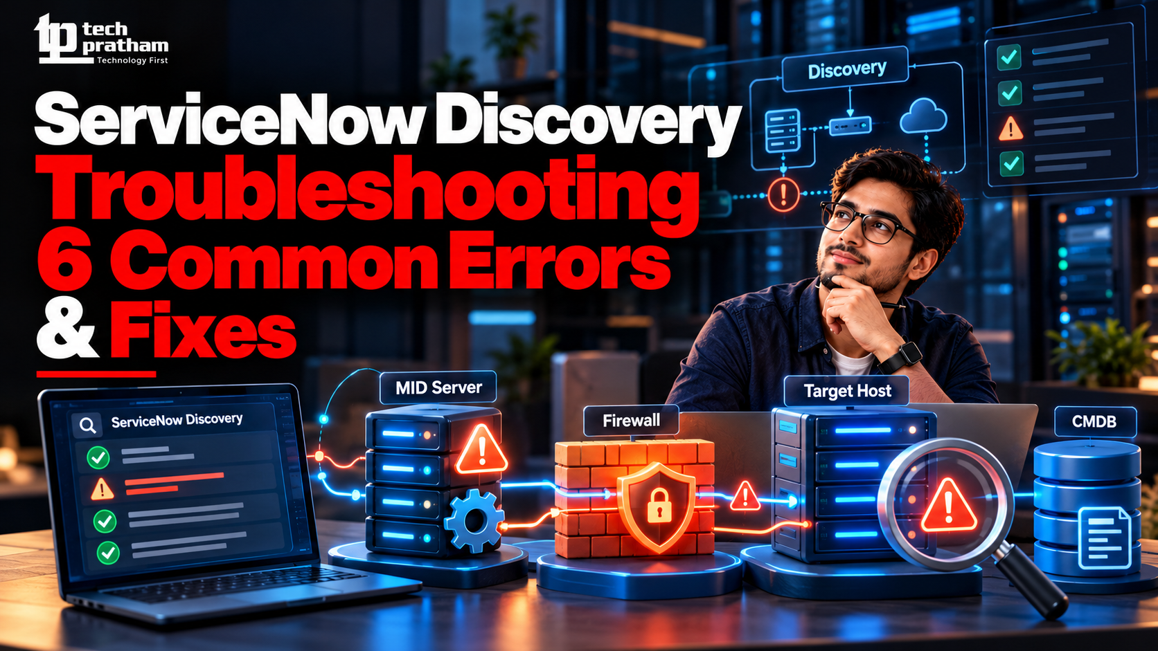 ServiceNow Discovery troubleshooting guide covering six common errors, MID Server issues, network connectivity, credentials, and CMDB fixes | TechPratham
